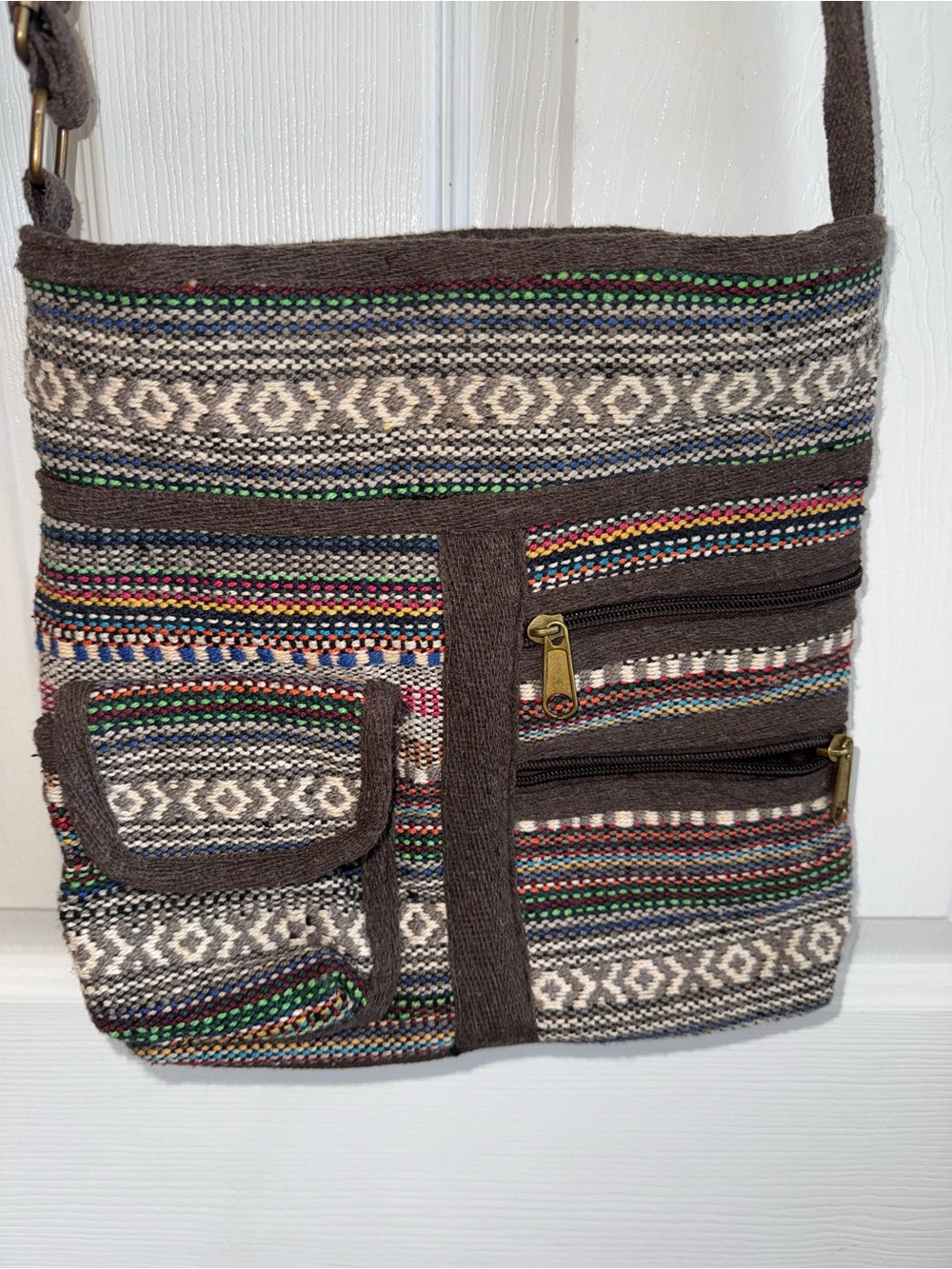 Woven Brown Stripe Crossbody Bag with Front Pockets